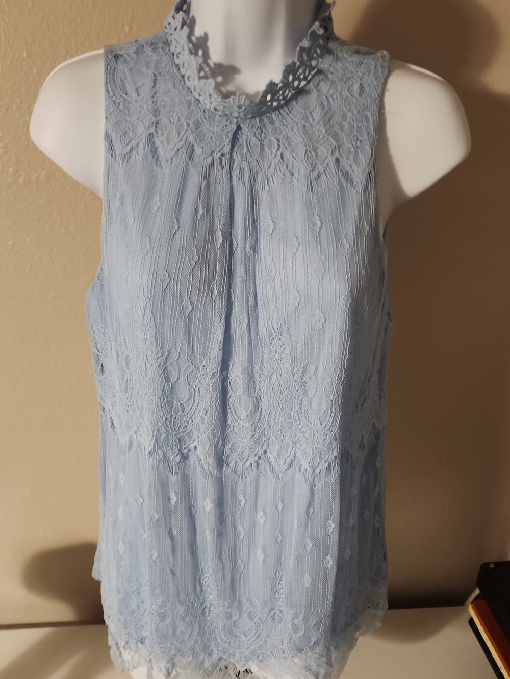 Lace High-Neck Sleeveless Top - Light Blue